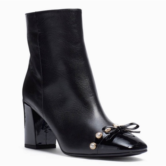 kate spade Shoes - Kate Spade Black Leather Pearl Bow Block Heel Ankle Boots Patent Toe Size 10